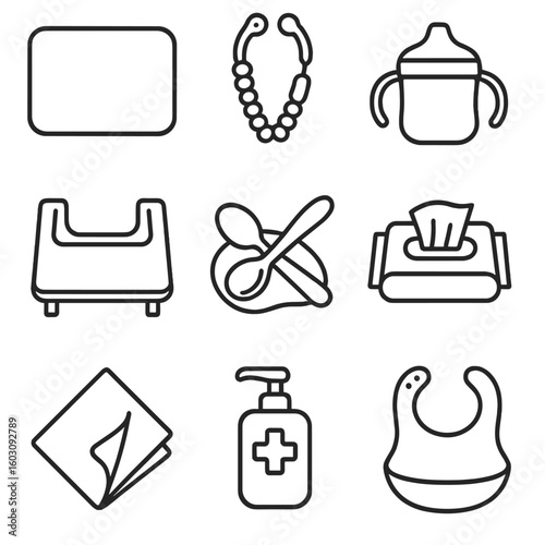 Mealtime Icon Set. Line style icons of mealtime accessories: silicone mat, bib clip, water sippy cup, tray attachment, spoon rest,