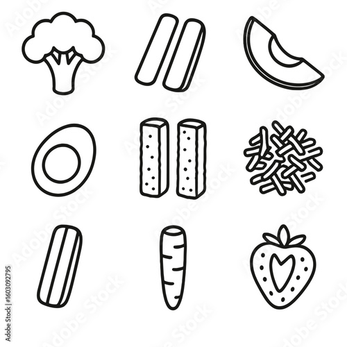 Baby-Led Weaning Icons. Line style icons of baby-led weaning foods: steamed broccoli floret, banana sticks, avocado wedge, egg