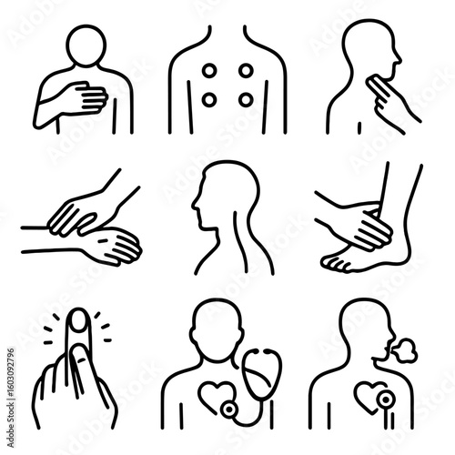Cardiovascular Exam Icons. Line style icons of cardiovascular physical exams: palpation of chest, auscultation points diagram,