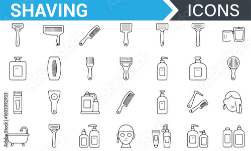 Shaving Kit Icon Set Featuring Razors, Creams, Brushes, and Grooming Equipment