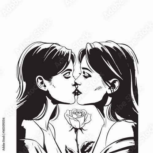 Romantic Line Art of Two Women Kissing