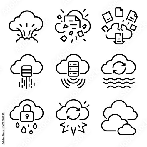 Cloud Data Chaos. Line style icons of cloud data explosion: bursting cloud storage, fragmented file icon, scattered cloud files,