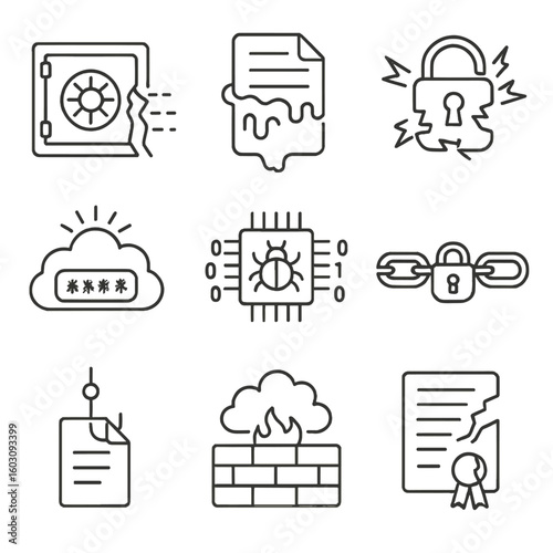 Cybersecurity Threat Icons. Line style icons of cybersecurity threats from data surge: data breach vault, leaked files, digital