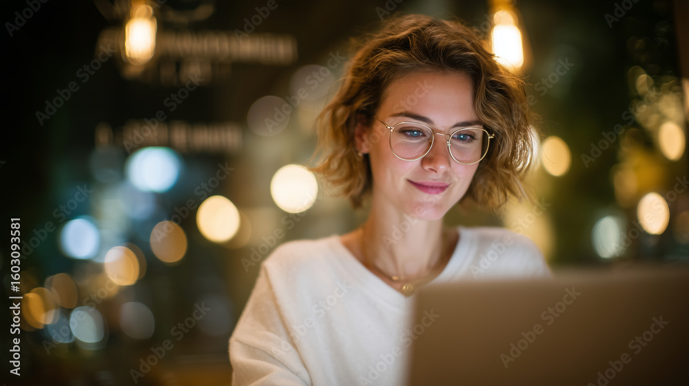 Fototapeta premium Focused copywriter woman in eyeglasses, seated at window-side cafÃ© table, fingers dancing on keyboard, glowing laptop screen, overhead Edison bulbs casting warm light, modern urban