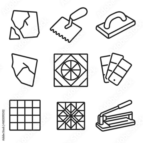 Mosaic Art Tools. Line style icons of mosaic and tile art: broken tile piece, adhesive trowel, arranged mosaic squares, grout