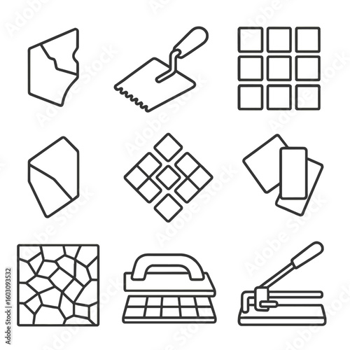 Mosaic Art Tools. Line style icons of mosaic and tile art: broken tile piece, adhesive trowel, arranged mosaic squares, grout