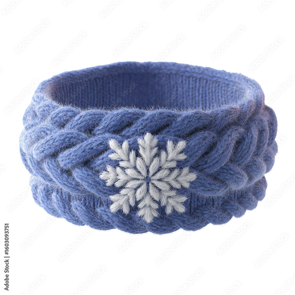 Fototapeta premium Blue knitted winter headband with snowflake embroidery, cozy cold weather accessory, isolated on transparent background 