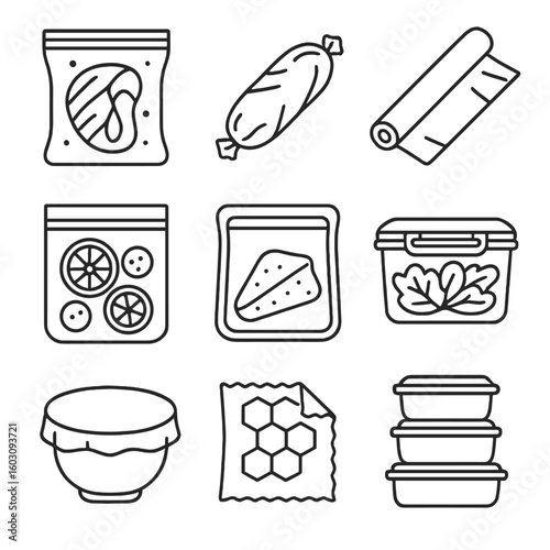 Food Storage Icons. Line style icons of food storage methods: vacuum-sealed bag, foil wrap, plastic wrap roll, zipper pouch,