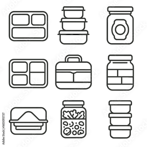 Meal Prep Icons. Line style icons of meal prep storage: prep tray with sections, daily container stack, calorie label jar, macro
