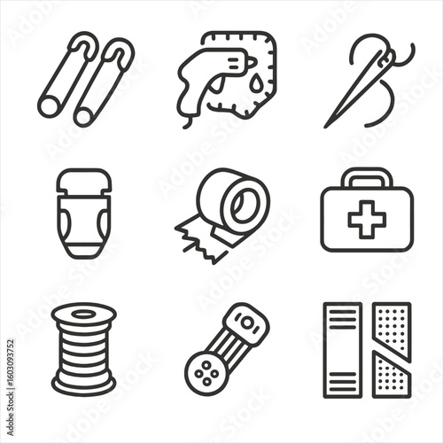 Cosplay Repair Icons. Line style icons of cosplay repair and adjustments: safety pins, hot glue patch, sewing needle, fastener