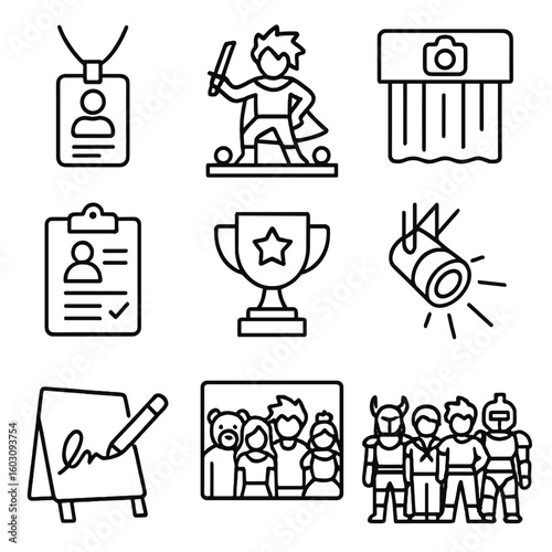 Cosplay Event Icons. Line style icons of cosplay event participation: convention badge, character pose on stage, photo booth icon,