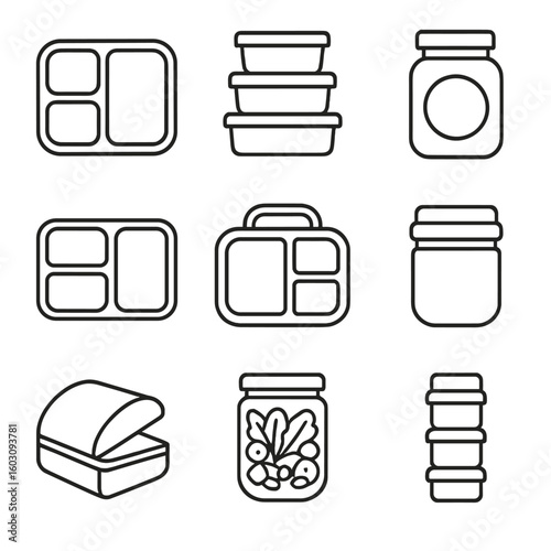 Meal Prep Icons. Line style icons of meal prep storage: prep tray with sections, daily container stack, calorie label jar, macro