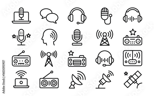 Broadcasting & Radio Communication Icon Set - Modern Broadcasting Vector Icon Set for Media, Audio, and Signal Transmission