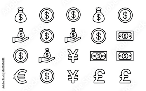 Money & Currency Exchange Icon Set - Currency  outline Vector Icon Set for Finance, Savings, and Global Transactions