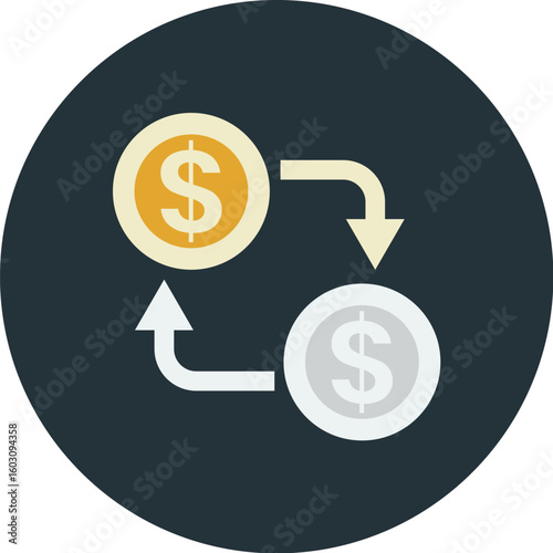 Currency exchange icon showing a gold dollar coin converting to a silver dollar coin with arrows.
