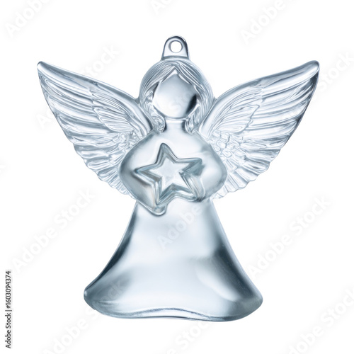 Transparent glass angel Christmas ornament holding star, elegant holiday decoration, isolated on transparent background
