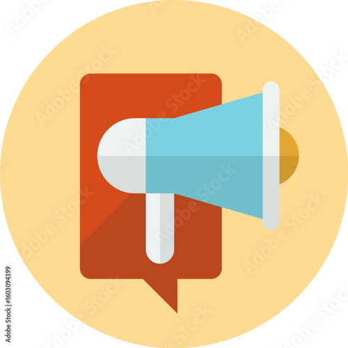 A stylized illustration of a blue megaphone overlaid on a red speech bubble, set against a light yellow circular background.