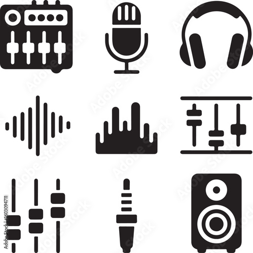 Sound Studio Essentials Line Icon Set Mixer, Boom Mic, Headphones, Sound Wave, Equalizer, Audio Jack, and Studio Monitor