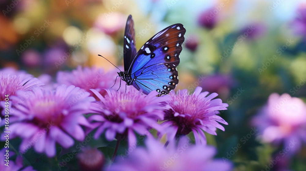 Naklejka premium Beautiful butterfly on purple flowers nature photography spring summer garden aesthetic wallpaper background image