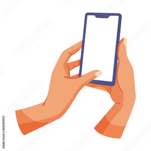 Human hands holding smartphone with blank screen in flat cartoon style on isolated white background, concept of touchscreen interaction. Vector illustration