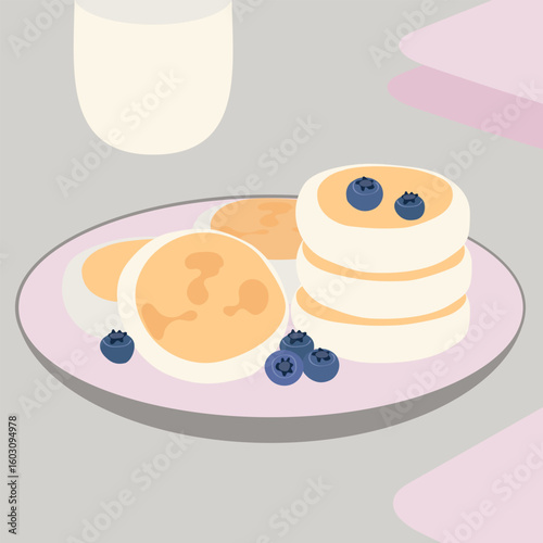 Cheesecakes on a plate with blueberries, flat cartoon drawing. Cottage cheese breakfast.