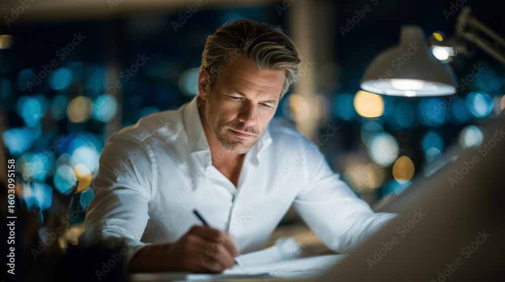 Fototapeta premium Architect in formal workwear focused intently on drawing building schematics, pen gliding over blueprint with ruler and scale guide in use, technical sketches of a modern structure