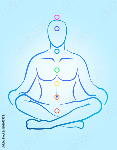 Chakras location in body. Silhouette of human in Lotus position on light blue background, illustration