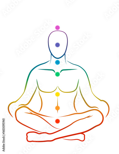 Chakras location in body. Silhouette of human in Lotus position on white background, illustration