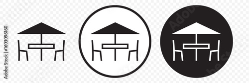 Patio table with umbrella cafe chair table umbrella set set of silhouette. patio table with umbrella cafe chair table umbrella set icon set vector on transparent background. EPS 10.
