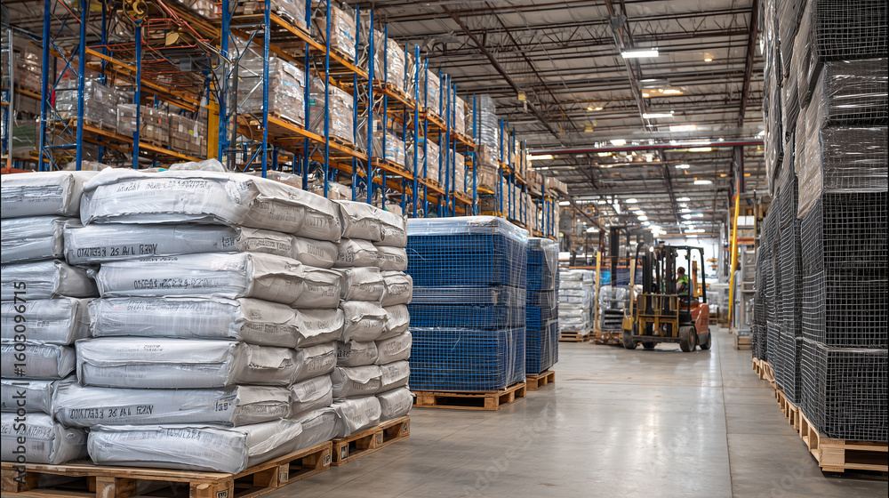 Fototapeta premium Warehouse aisle filled with massive bags of cement and stacks of rebar mesh panels, echoing sounds of forklifts moving in background