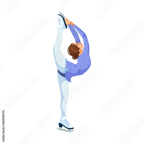 Female ice skater in a sparkling outfit doing a vertical split pose on skates, flat graphic style, isolated on white, concept of performance. Vector illustration