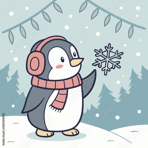 Cute penguin wearing ear muffs and scarf holding a snowflake silhouette