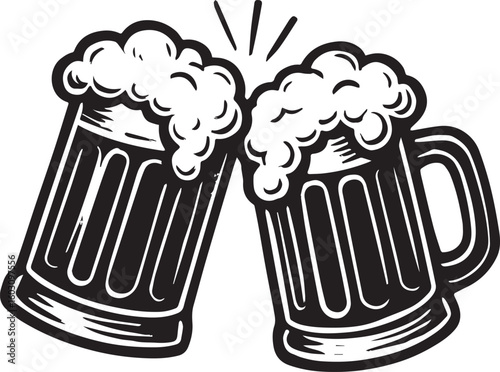 Two frothy beer mugs clinking together silhouette