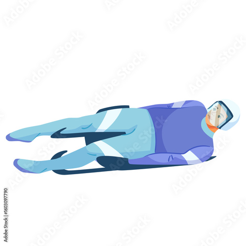 Male athlete in luge position wearing winter sports uniform and helmet, flat graphic style, on white background. Concept of winter sports. Vector illustration