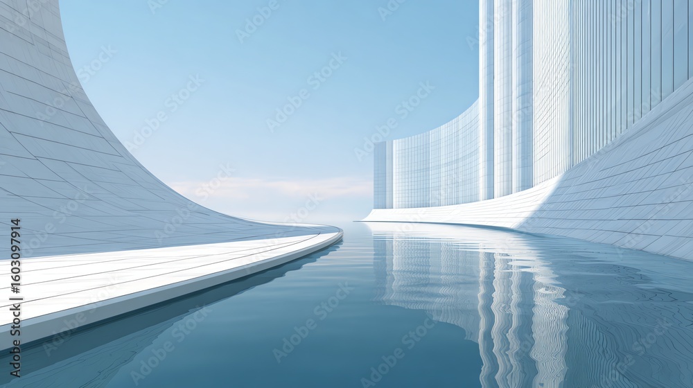 Fototapeta premium A serene architectural rendering depicts a flowing waterway within a futuristic, white structure, evoking a sense of calm and spaciousness through its minimalist design.