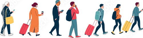 Journey Together: A diverse group of individuals embarks on a collective journey, each pulling luggage and immersed in their own world, symbolizing the diverse experiences of travel and exploration.