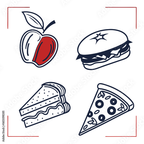 Four food icons apple burger sandwich pizza silhouette
