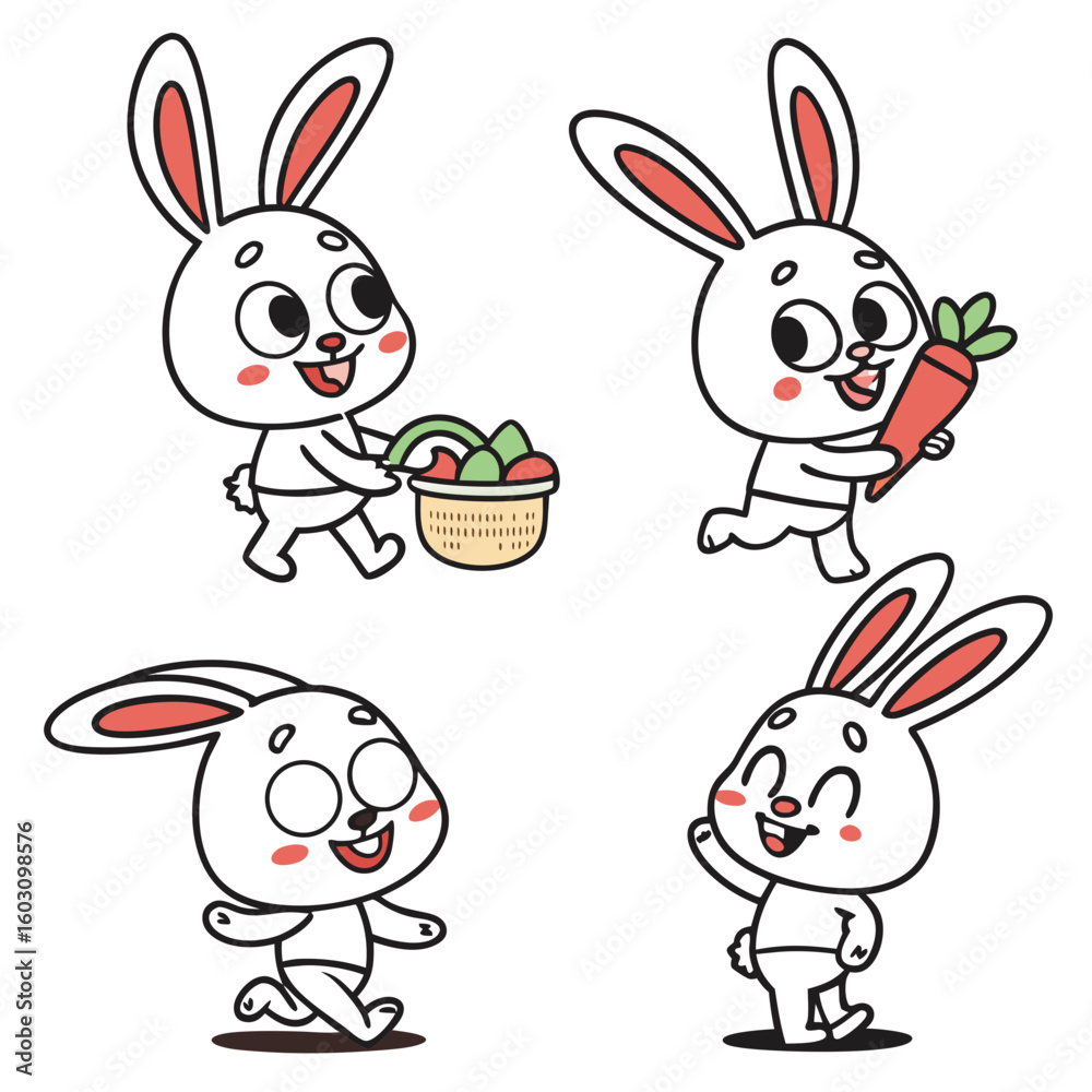 Fototapeta premium Four happy cartoon bunnies engaged in various activities silhouette
