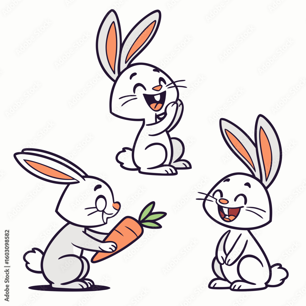 Obraz premium Three happy cartoon rabbits enjoying a carrot together silhouette