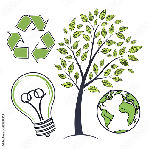 Eco friendly symbols including a tree light bulb recycling and earth silhouette