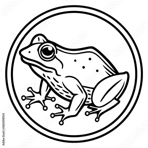 Artistic black and white silhouette of a frog in a circle
