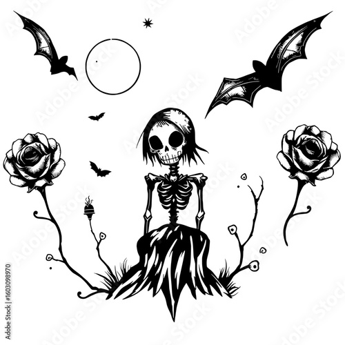 a gothic night: a skeleton girl surrounded by roses, bats, and the moon