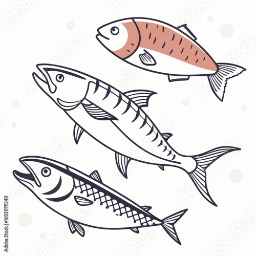 Three mackerel fish swimming together in a school silhouette