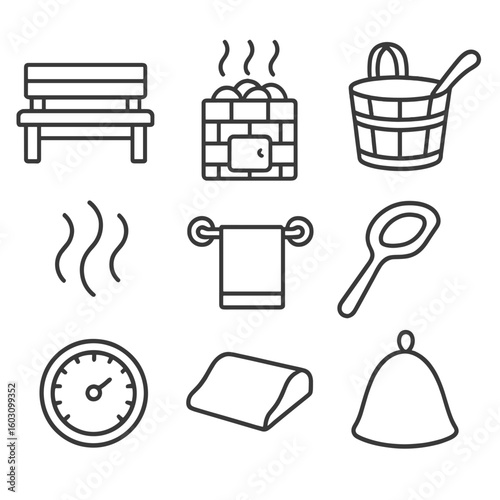 Sauna Icons Collection. Line style icons of steam and sauna: steam room bench, sauna stone stove, wooden sauna bucket, ladle with