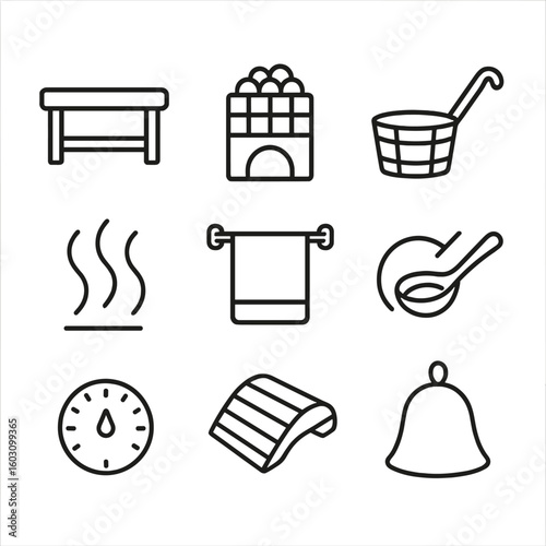 Sauna Icons Collection. Line style icons of steam and sauna: steam room bench, sauna stone stove, wooden sauna bucket, ladle with