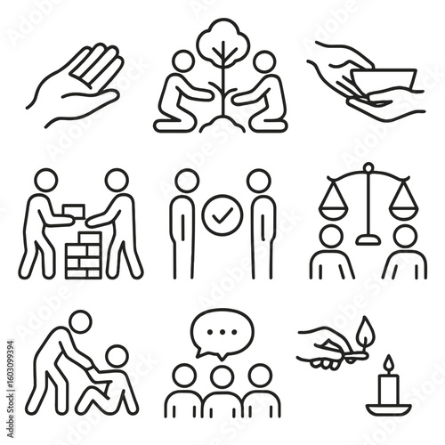 Peaceful Action Icons. Line style icons of peaceful actions: open hand gesture, planting tree together, sharing food, rebuilding