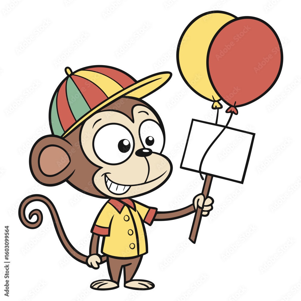 Fototapeta premium Happy cartoon monkey holding balloons and a blank sign silhouette
