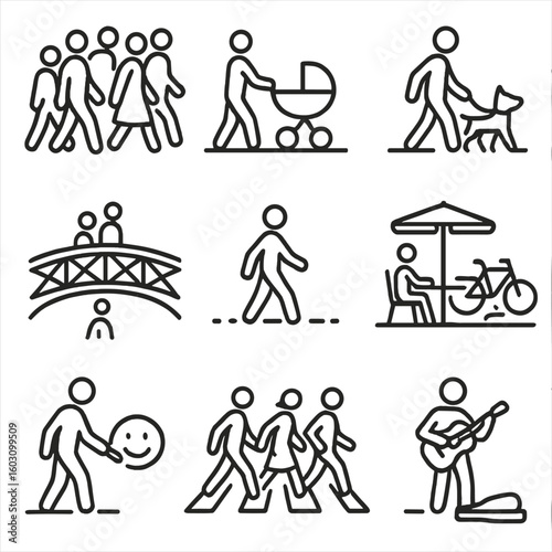Pedestrian City Icons. Line style icons of pedestrian life in transit cities: walking crowd, stroller on path, dog walker,
