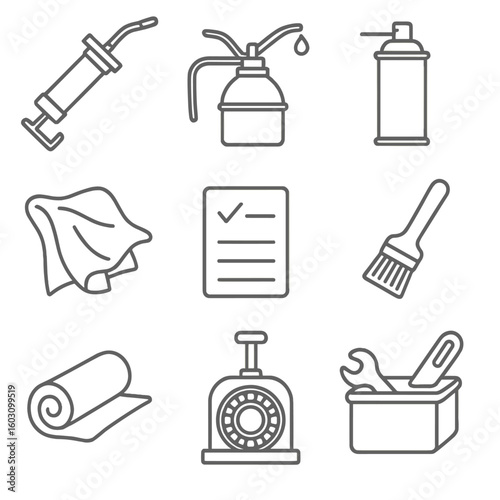 Lubrication Tools Icons. Line style icons of lubricating and maintenance tools: grease gun, oil can, lubricant spray, cleaning