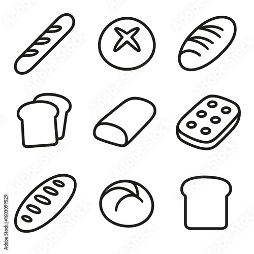 Artisan Bread Icons. Line style icons of artisan bread: baguette, sourdough round, rye loaf, sliced white bread, ciabatta,